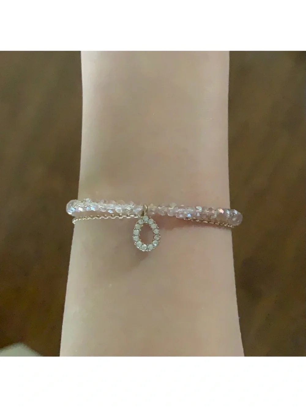 Forever 21 Gold-Tone Pink Crystal Stretch Bracelet with Pave Teardrop Charm